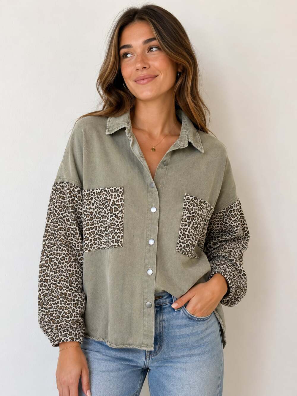 POL Olive Green Denim and Leopard Print Patchwork Button-Down Shacket